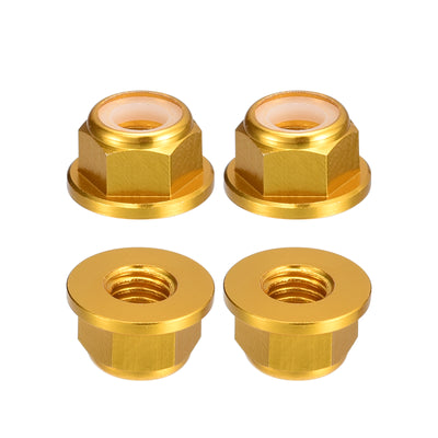 Harfington Uxcell Nylon Insert Hex Lock Nuts, 4pcs - M3 x 0.5mm Aluminum Alloy Self-Locking Nut, Anodizing Flange Lock Nut for Fasteners (Gold)