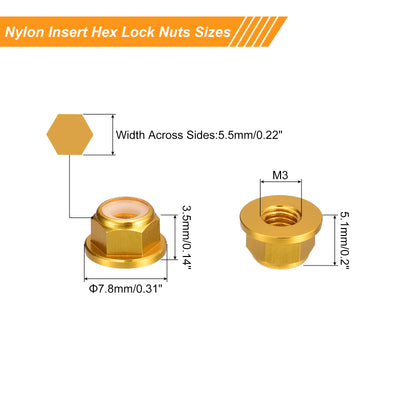 Harfington Uxcell Nylon Insert Hex Lock Nuts, 10pcs - M3 x 0.5mm Aluminum Alloy Self-Locking Nut, Anodizing Flange Lock Nut for Fasteners (Gold)