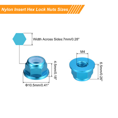 Harfington Uxcell Nylon Insert Hex Lock Nuts, 10pcs - M4 x 0.7mm Aluminum Alloy Self-Locking Nut, Anodizing Flange Lock Nut for Fasteners (Sky Blue)