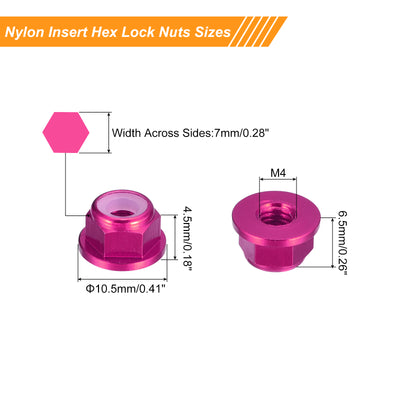 Harfington Uxcell Nylon Insert Hex Lock Nuts, 4pcs - M4 x 0.7mm Aluminum Alloy Self-Locking Nut, Anodizing Flange Lock Nut for Fasteners (Pink)