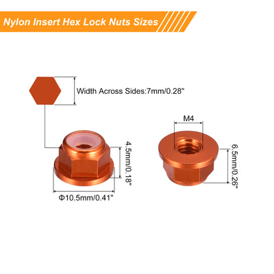 Harfington Uxcell Nylon Insert Hex Lock Nuts, 10pcs - M4 x 0.7mm Aluminum Alloy Self-Locking Nut, Anodizing Flange Lock Nut for Fasteners (Orange)