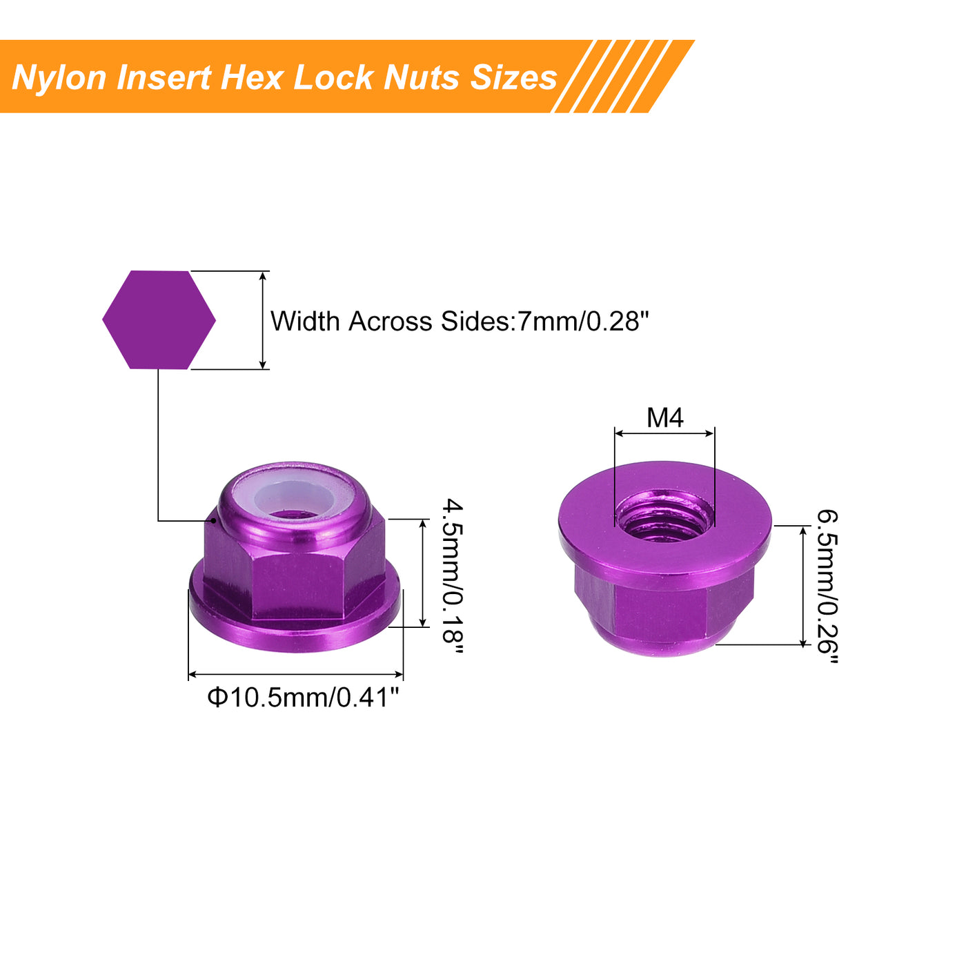 uxcell Uxcell Nylon Insert Hex Lock Nuts, 10pcs - M4 x 0.7mm Aluminum Alloy Self-Locking Nut, Anodizing Flange Lock Nut for Fasteners (Purple)