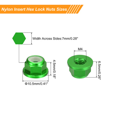 Harfington Uxcell Nylon Insert Hex Lock Nuts, 10pcs - M4 x 0.7mm Aluminum Alloy Self-Locking Nut, Anodizing Flange Lock Nut for Fasteners (Green)
