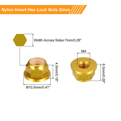 Harfington Uxcell Nylon Insert Hex Lock Nuts, 10pcs - M4 x 0.7mm Aluminum Alloy Self-Locking Nut, Anodizing Flange Lock Nut for Fasteners (Gold)