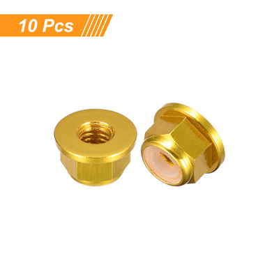 Harfington Uxcell Nylon Insert Hex Lock Nuts, 10pcs - M4 x 0.7mm Aluminum Alloy Self-Locking Nut, Anodizing Flange Lock Nut for Fasteners (Gold)