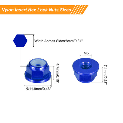 Harfington Uxcell Nylon Insert Hex Lock Nuts, 10pcs - M5 x 0.8mm Aluminum Alloy Self-Locking Nut, Anodizing Flange Lock Nut for Fasteners (Sapphire Blue)
