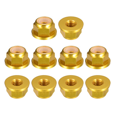 Harfington Uxcell Nylon Insert Hex Lock Nuts, 10pcs - M5 x 0.8mm Aluminum Alloy Self-Locking Nut, Anodizing Flange Lock Nut for Fasteners (Gold)