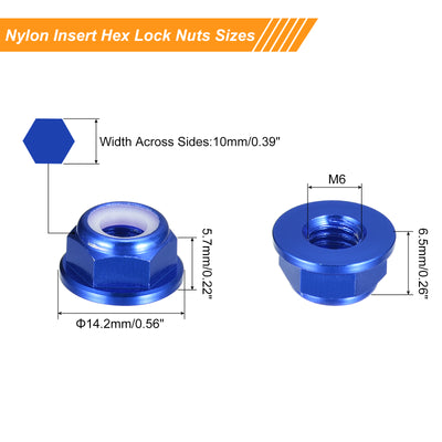 Harfington Uxcell Nylon Insert Hex Lock Nuts, 10pcs - M6 x 1mm Aluminum Alloy Self-Locking Nut, Anodizing Flange Lock Nut for Fasteners (Sapphire Blue)
