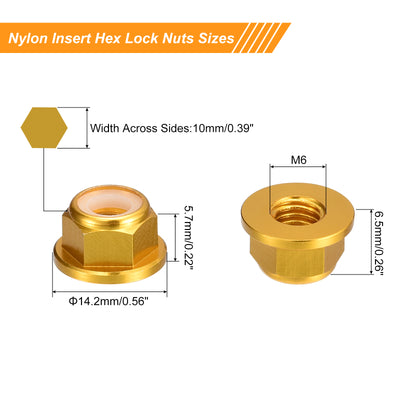Harfington Uxcell Nylon Insert Hex Lock Nuts, 10pcs - M6 x 1mm Aluminum Alloy Self-Locking Nut, Anodizing Flange Lock Nut for Fasteners (Gold)