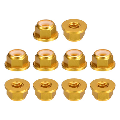 Harfington Uxcell Nylon Insert Hex Lock Nuts, 10pcs - M6 x 1mm Aluminum Alloy Self-Locking Nut, Anodizing Flange Lock Nut for Fasteners (Gold)