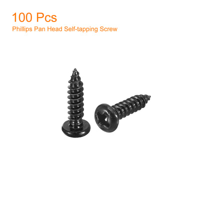 Harfington Uxcell 3mm x 12mm Phillips Pan Head Self-tapping Screw, 100pcs - 304 Stainless Steel Round Head Wood Screw Full Thread (Black)