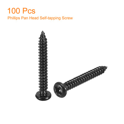 Harfington Uxcell 3mm x 25mm Phillips Pan Head Self-tapping Screw, 100pcs - 304 Stainless Steel Round Head Wood Screw Full Thread (Black)