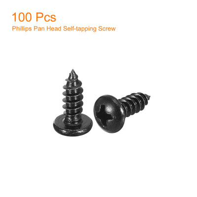 Harfington Uxcell 4mm x 12mm Phillips Pan Head Self-tapping Screw, 100pcs - 304 Stainless Steel Round Head Wood Screw Full Thread (Black)