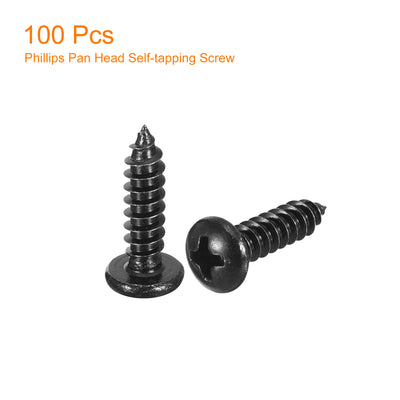 Harfington Uxcell 4mm x 16mm Phillips Pan Head Self-tapping Screw, 100pcs - 304 Stainless Steel Round Head Wood Screw Full Thread (Black)