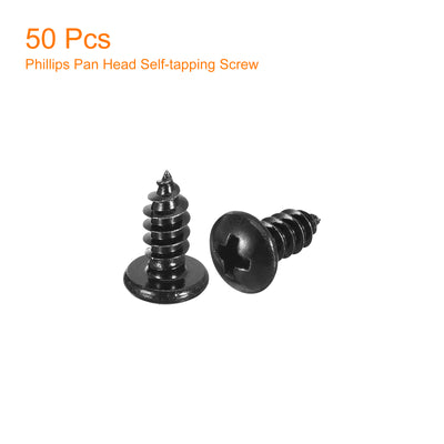 Harfington Uxcell 5mm x 12mm Phillips Pan Head Self-tapping Screw, 50pcs - 304 Stainless Steel Round Head Wood Screw Full Thread (Black)