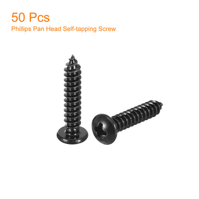 Harfington Uxcell 5mm x 25mm Phillips Pan Head Self-tapping Screw, 50pcs - 304 Stainless Steel Round Head Wood Screw Full Thread (Black)