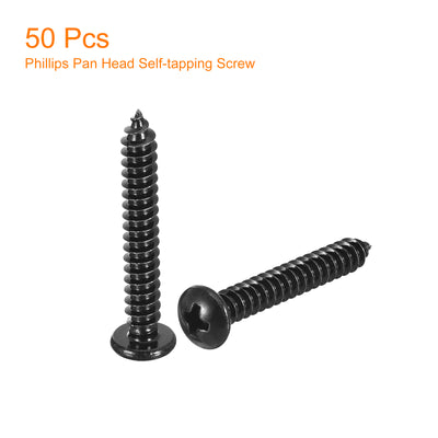 Harfington Uxcell 5mm x 35mm Phillips Pan Head Self-tapping Screw, 50pcs - 304 Stainless Steel Round Head Wood Screw Full Thread (Black)