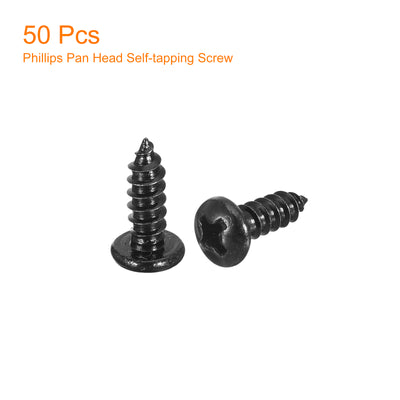 Harfington Uxcell #6 x 3/8" Phillips Pan Head Self-tapping Screw, 50pcs - 304 Stainless Steel Round Head Wood Screw Full Thread (Black)