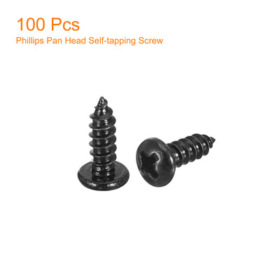 Harfington Uxcell #6 x 3/8" Phillips Pan Head Self-tapping Screw, 100pcs - 304 Stainless Steel Round Head Wood Screw Full Thread (Black)