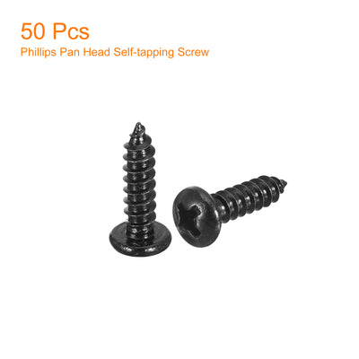 Harfington Uxcell #6 x 9/16" Phillips Pan Head Self-tapping Screw, 50pcs - 304 Stainless Steel Round Head Wood Screw Full Thread (Black)