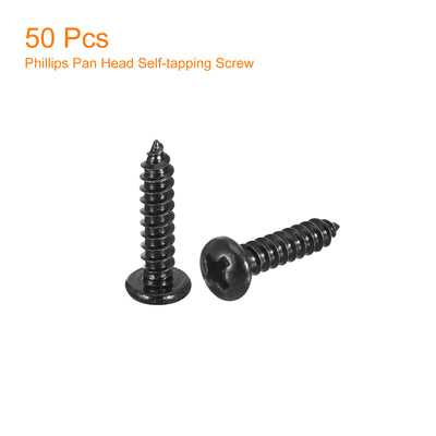 Harfington Uxcell #6 x 5/8" Phillips Pan Head Self-tapping Screw, 50pcs - 304 Stainless Steel Round Head Wood Screw Full Thread (Black)