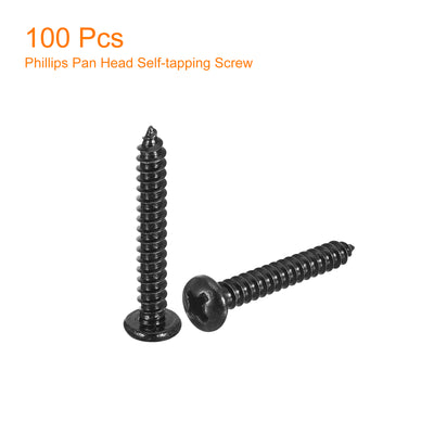 Harfington Uxcell #6 x 1" Phillips Pan Head Self-tapping Screw, 100pcs - 304 Stainless Steel Round Head Wood Screw Full Thread (Black)