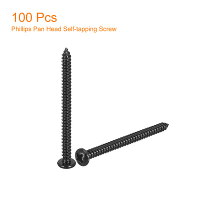 Harfington Uxcell #6 x 1-3/4" Phillips Pan Head Self-tapping Screw, 100pcs - 304 Stainless Steel Round Head Wood Screw Full Thread (Black)