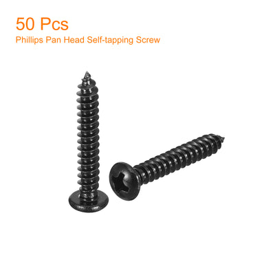 Harfington Uxcell #8 x 1" Phillips Pan Head Self-tapping Screw, 50pcs - 304 Stainless Steel Round Head Wood Screw Full Thread (Black)