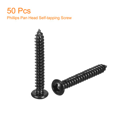 Harfington Uxcell #8 x 1-3/16" Phillips Pan Head Self-tapping Screw, 50pcs - 304 Stainless Steel Round Head Wood Screw Full Thread (Black)