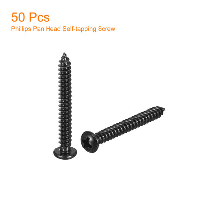 Harfington Uxcell #8 x 1-3/8" Phillips Pan Head Self-tapping Screw, 50pcs - 304 Stainless Steel Round Head Wood Screw Full Thread (Black)