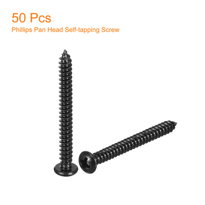 Harfington Uxcell #8 x 1-9/16" Phillips Pan Head Self-tapping Screw, 50pcs - 304 Stainless Steel Round Head Wood Screw Full Thread (Black)