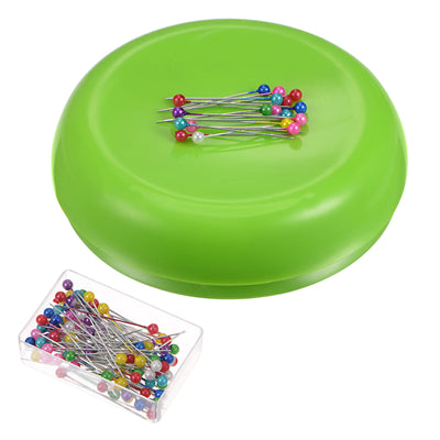 Harfington Magnetic Pin Cushion Round Shape with 100pcs Plastic Head Pins, Green