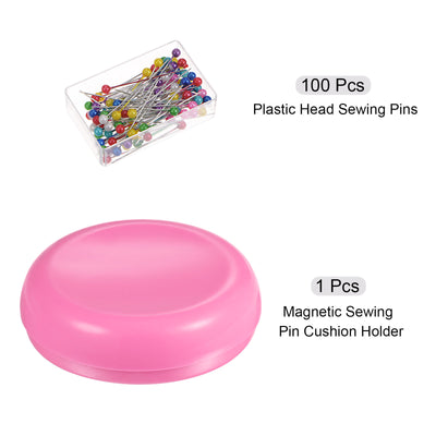 Harfington Magnetic Pin Cushion Round Shape with 100pcs Plastic Head Pins, Pink