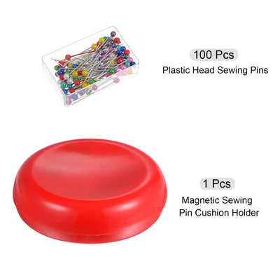 Harfington Magnetic Pin Cushion Round Shape with 100pcs Plastic Head Pins, Red