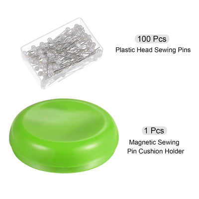 Harfington Magnetic Pin Cushion Round Shape with 100pcs White Plastic Head Pins, Green
