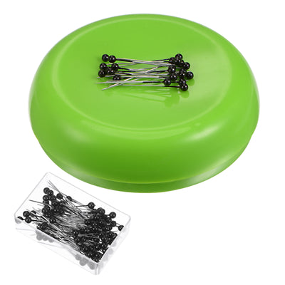 Harfington Magnetic Pin Cushion Round Shape with 100pcs Black Plastic Head Pins, Green