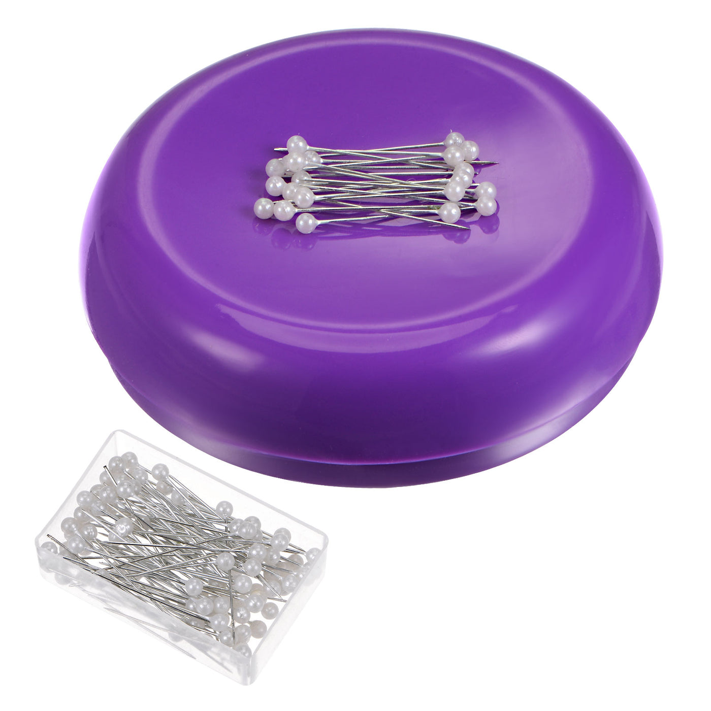 Harfington Magnetic Pin Cushion Round Shape with 100pcs White Plastic Head Pins, Purple