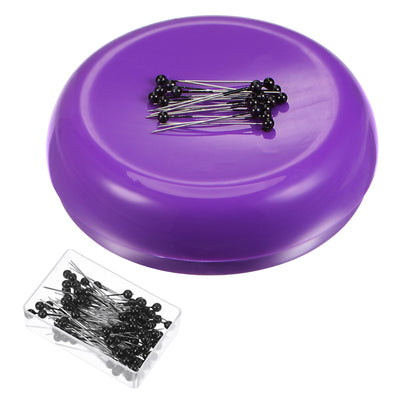 Harfington Magnetic Pin Cushion Round Shape with 100pcs Black Plastic Head Pins, Purple