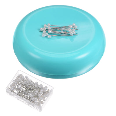 Harfington Magnetic Pin Cushion Round Shape with 100pcs White Plastic Head Pins, Light Blue