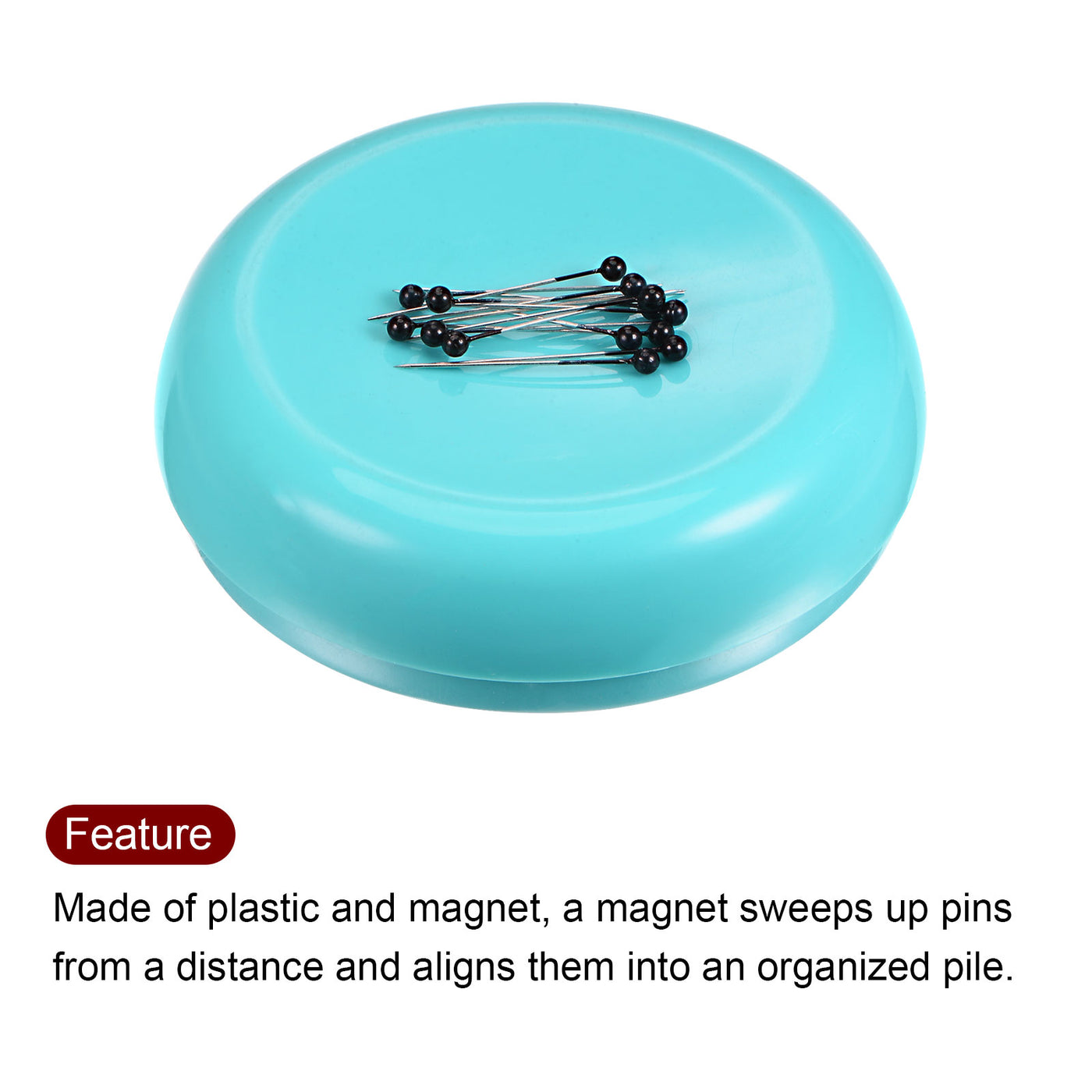Harfington Magnetic Pin Cushion Round Shape with 100pcs Black Plastic Head Pins, Light Blue