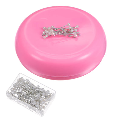 Harfington Magnetic Pin Cushion Round Shape with 100pcs White Plastic Head Pins, Pink