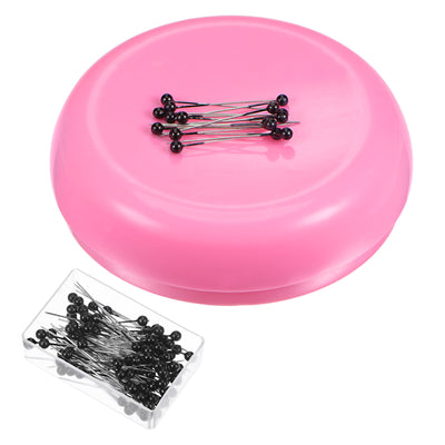 Harfington Magnetic Pin Cushion Round Shape with 100pcs Black Plastic Head Pins, Pink