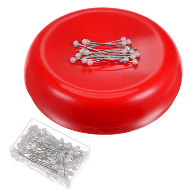 Harfington Magnetic Pin Cushion Round Shape with 100pcs White Plastic Head Pins, Red