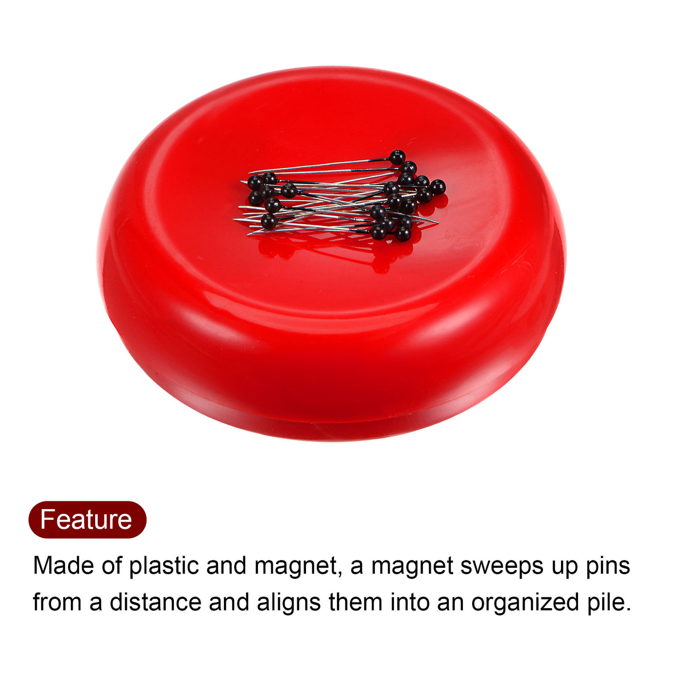 Harfington Magnetic Pin Cushion Round Shape with 100pcs Black Plastic Head Pins, Red