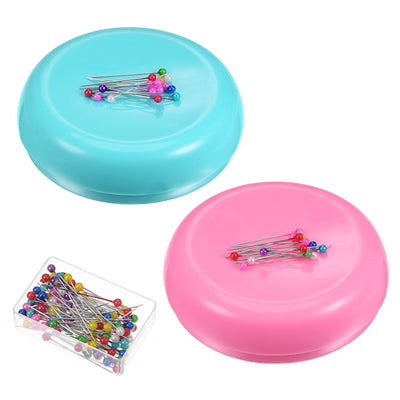 Harfington 2pcs Magnetic Pin Cushion with 100pcs Plastic Head Pins, Light Blue， Pink