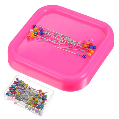 Harfington Magnetic Pin Cushion Square Shape with 100pcs Plastic Head Pins, Pink
