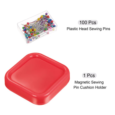 Harfington Magnetic Pin Cushion Square Shape with 100pcs Plastic Head Pins, Red