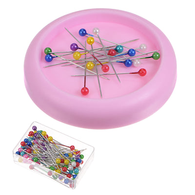 Harfington Magnetic Pin Cushion Concave Shape with 100pcs Plastic Head Pins, Purple Pink