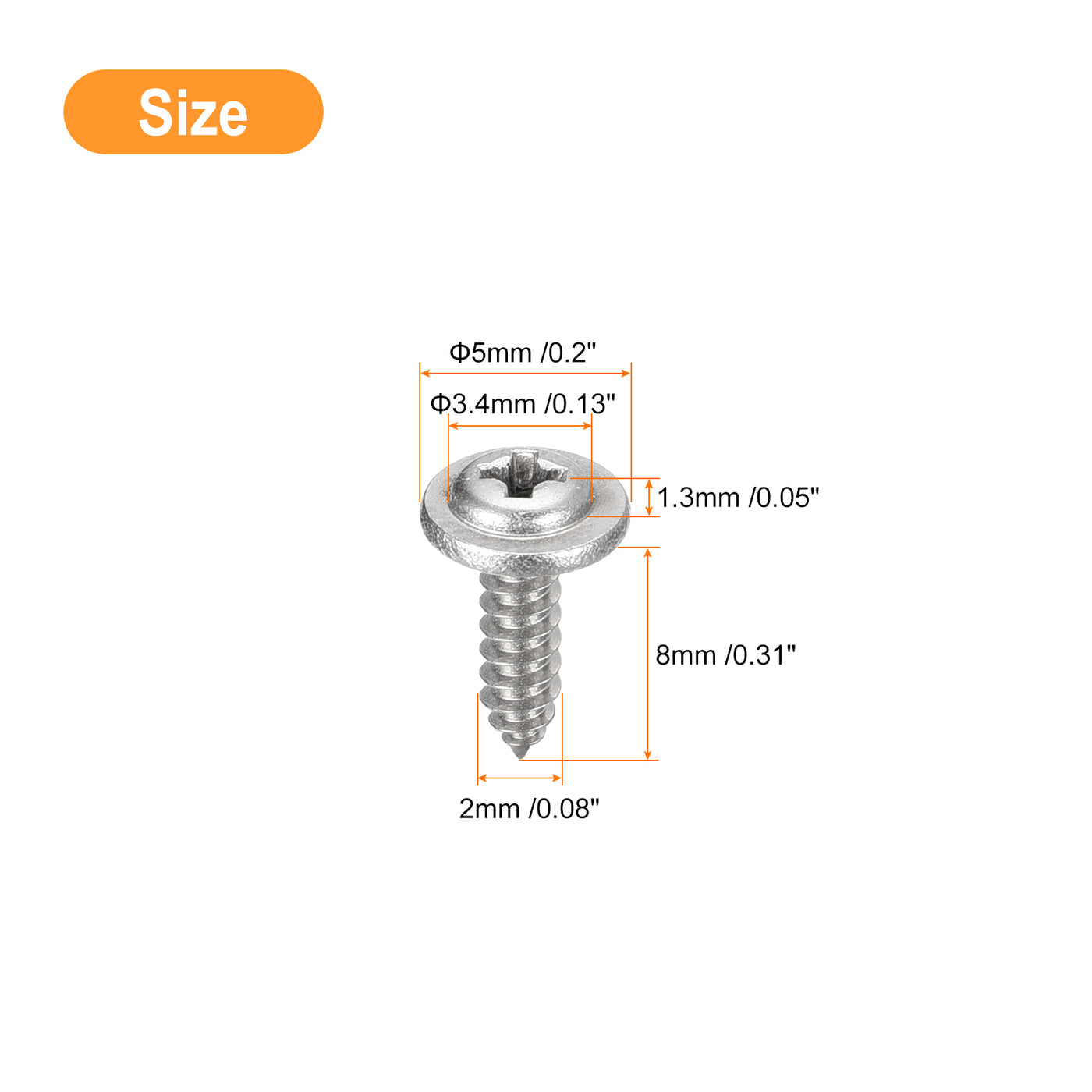 uxcell Uxcell ST2x8mm Phillips Pan Head Self-tapping Screw with Washer, 100pcs - 304 Stainless Steel Wood Screw Full Thread (Silver)