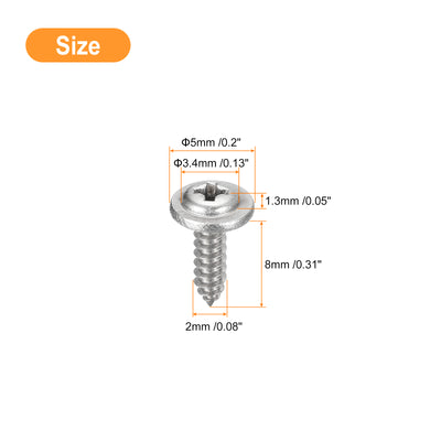 Harfington Uxcell ST2x8mm Phillips Pan Head Self-tapping Screw with Washer, 100pcs - 304 Stainless Steel Wood Screw Full Thread (Silver)